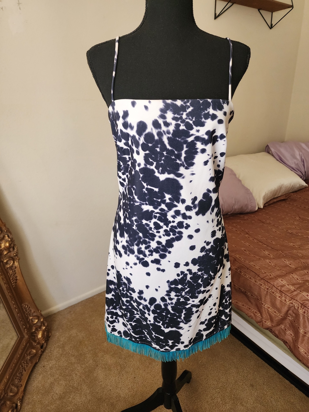 Rampage Black and White Spotted Slip Dress with Teal Fringe